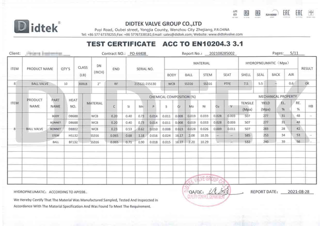 Certificato di test della valvola a sfera ACC a EN10204.3 3