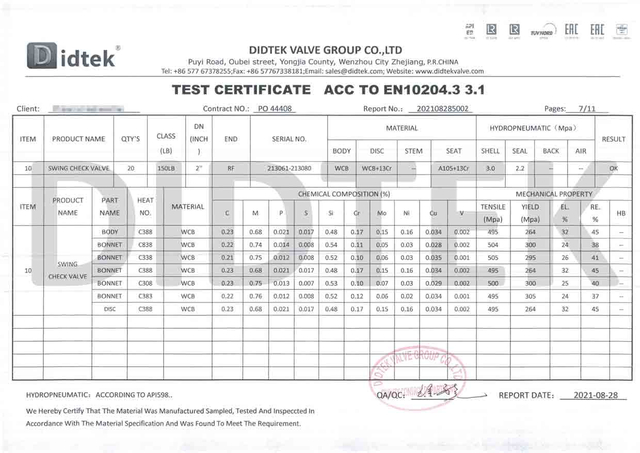 Controllare il certificato di test della valvola ACC su EN10204.3 3